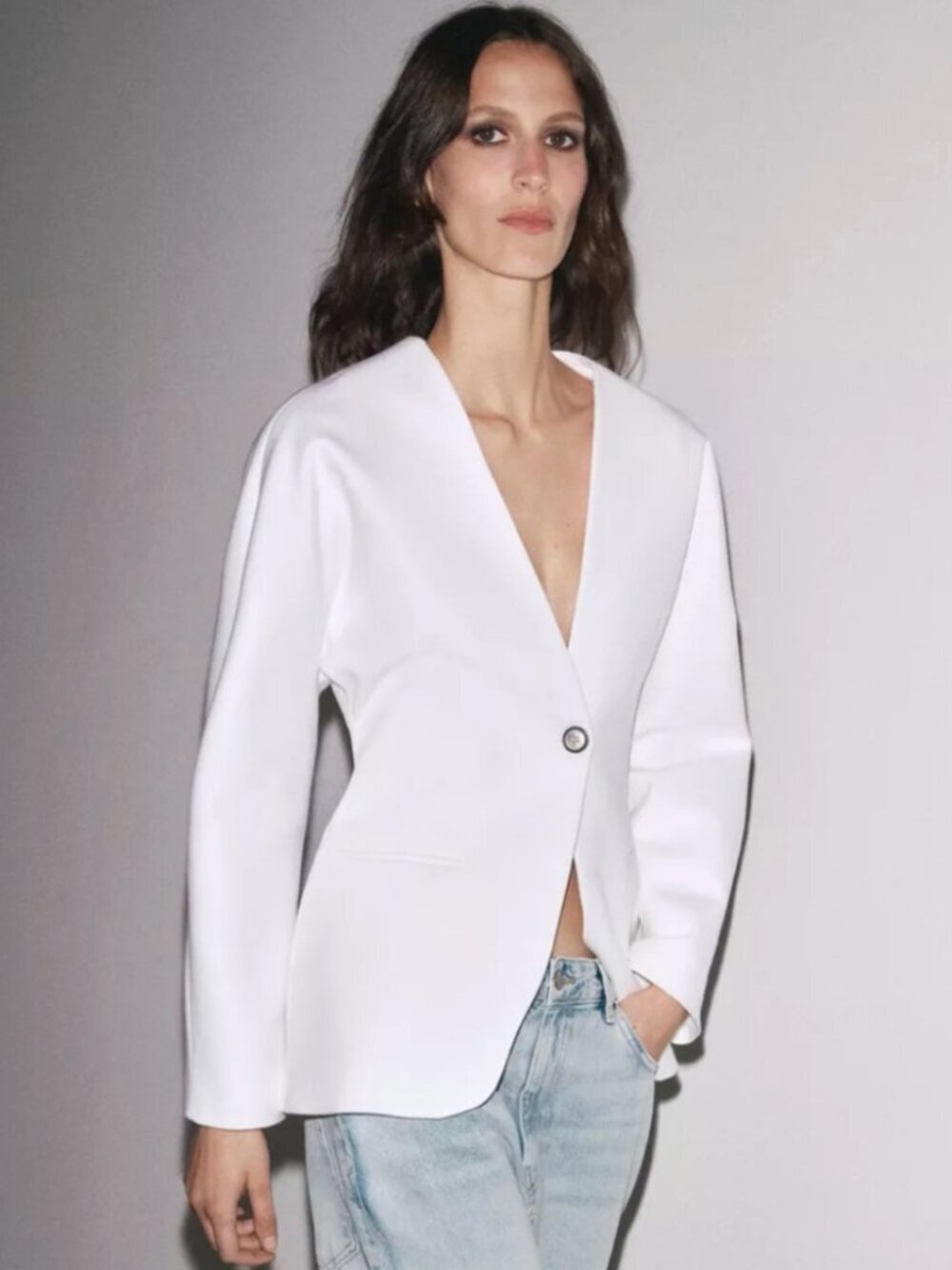 ZARA 100% LINEN FITTED BLAZER ZW COLLECTION IN OYSTER WHITE SIZE SMALL